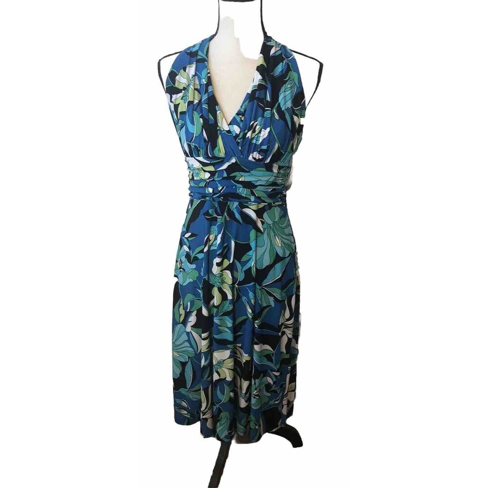 EVAN PICONE Size 8 A-Line Floral Blue Black White Sleeveless Stretch